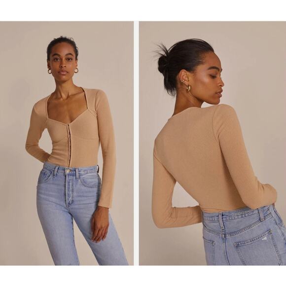 FAVORITE DAUGHTER Kate Ribbed Bustier Knit Top Womens S Tan V Neck Long Sleeve - Picture 1 of 14